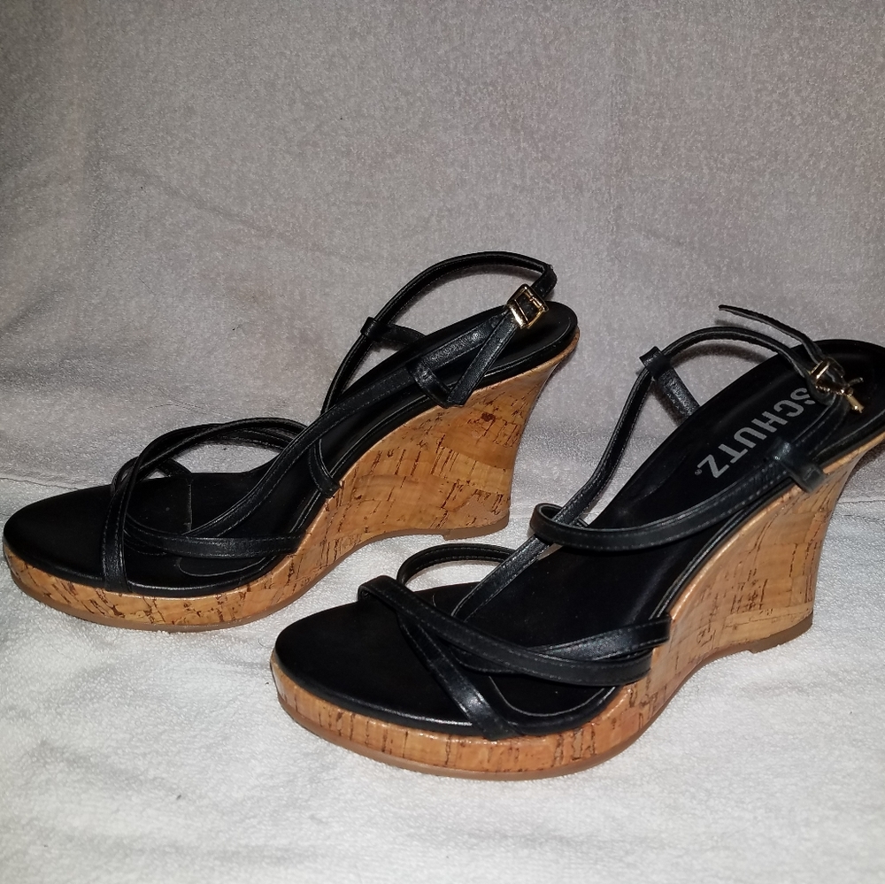 Schutz Black Wedge Heels Size 5